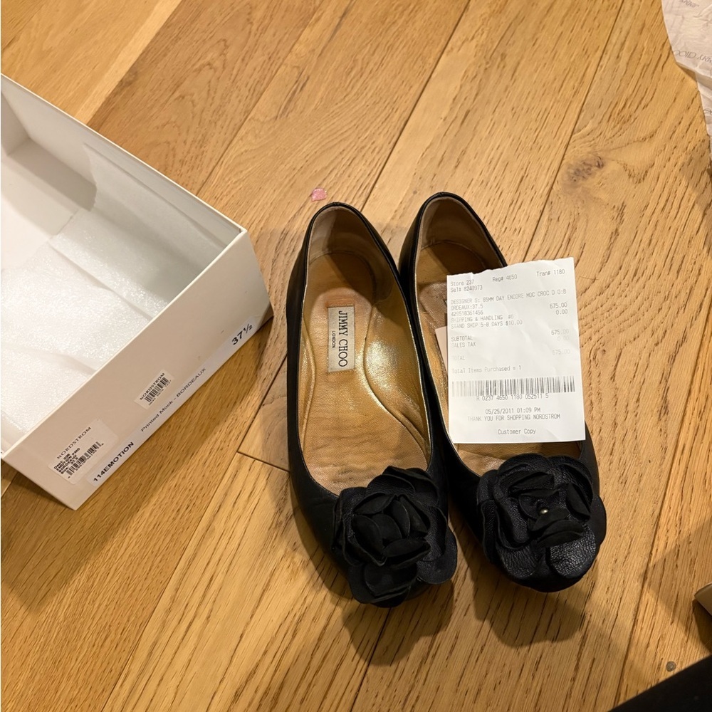 Jimmy Choo Black Leather Rosette Ballet Flats | Size 37.5 | Box | Authentic - Picture 3 of 12